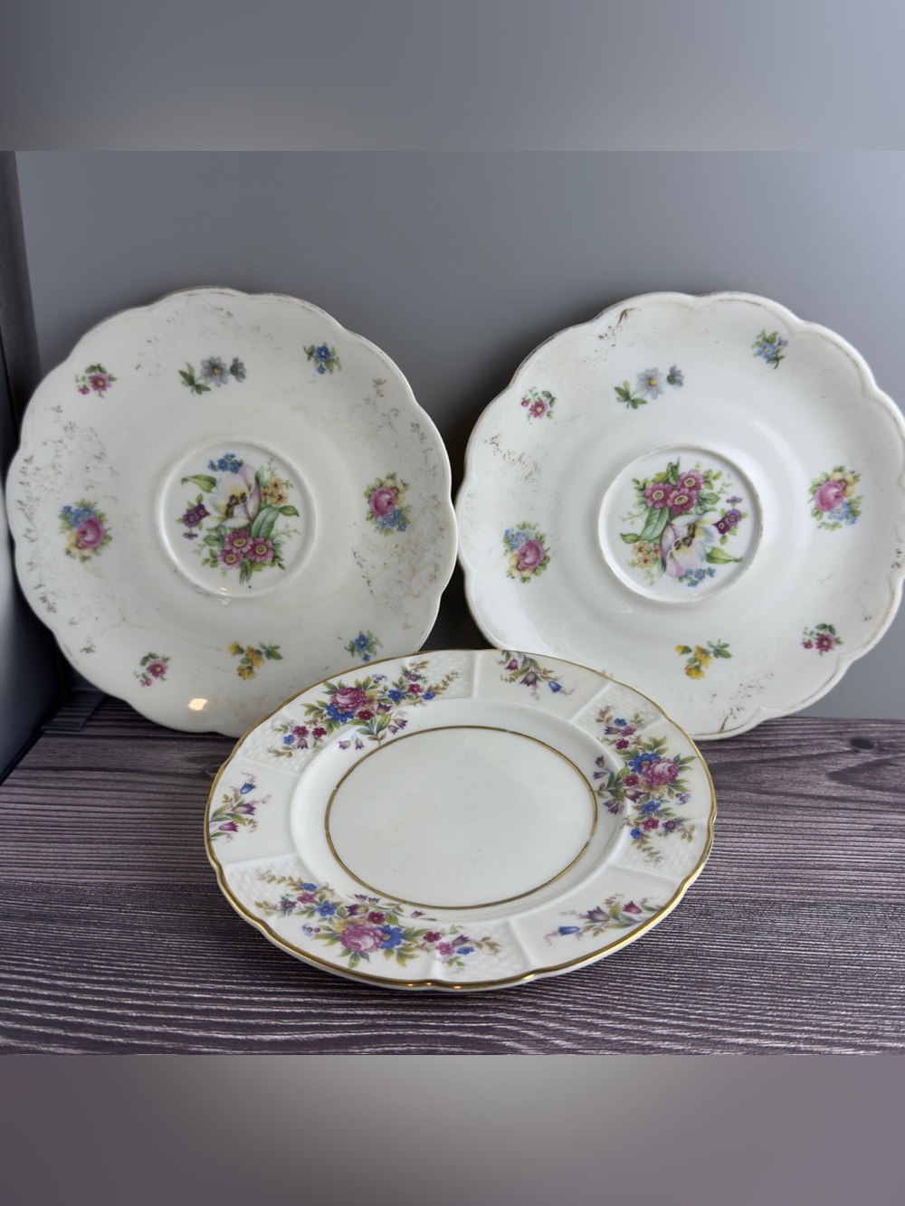 Vintage Floral Plate Lot (3) Bavaria & Staffordshire 6–6.5” Scalloped Plates